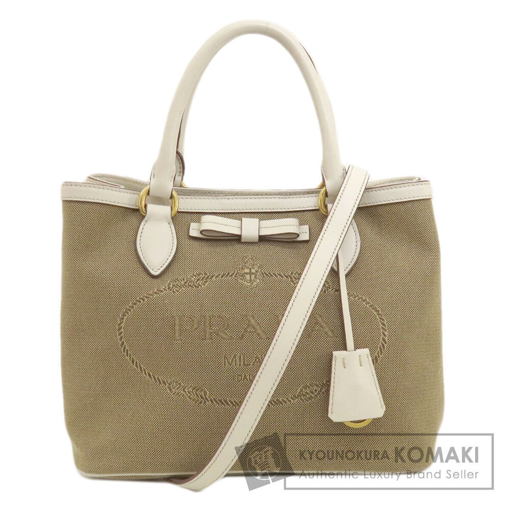 Prada Logo Jacquard 2Way Bag tan canvas white leather